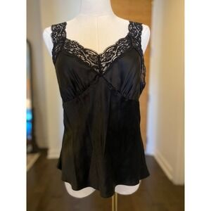 LAUNDRY by Shelli Segal 90s Y2K Black Silk Lace Trim Cami Tank Top Women Medium